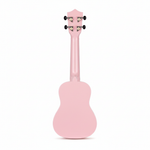 Unbranded pink 21-inch soprano ukulele shown upright from the back on a white background