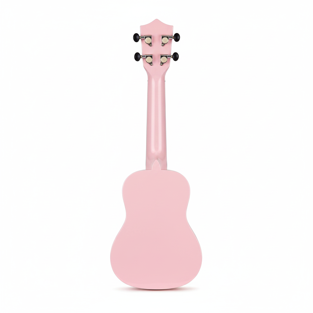 Unbranded pink 21-inch soprano ukulele shown upright from the back on a white background