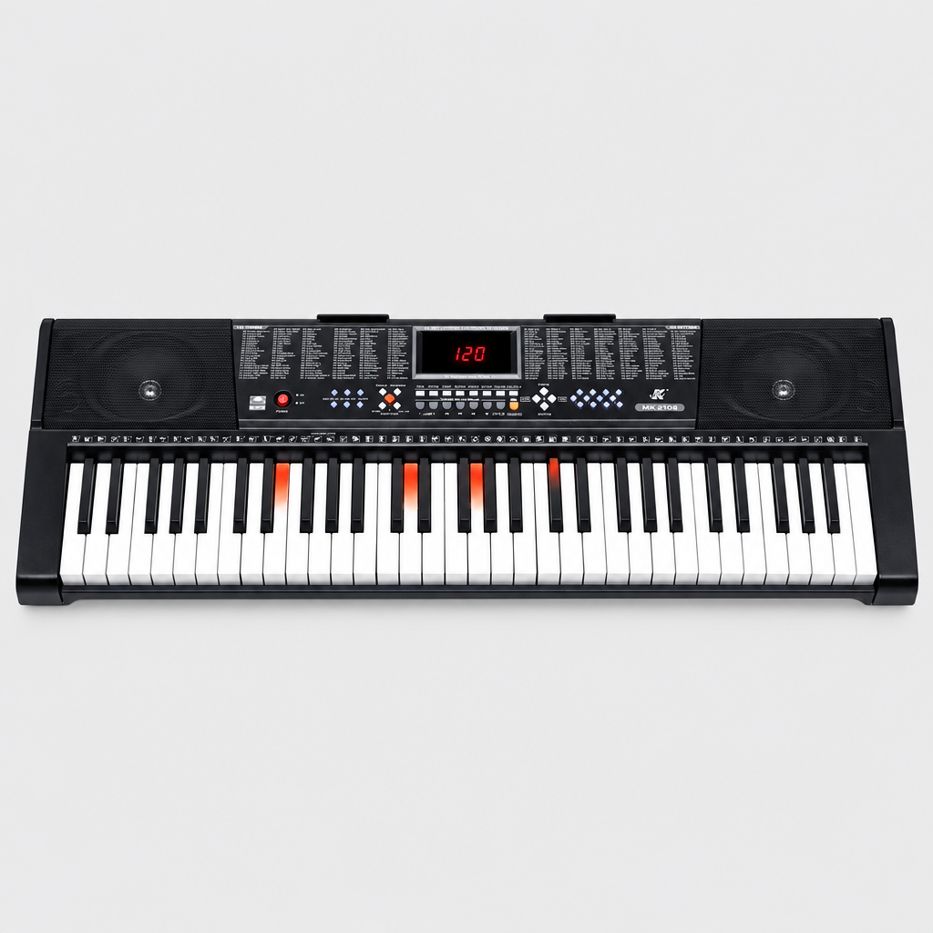 Unbranded MK2108 electronic learning keyboard shown from the front with its 61 keys, LED display, speakers, and illuminated learning keys