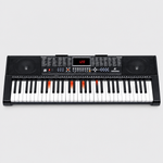 Unbranded MK2108 electronic learning keyboard shown from the front with its 61 keys, LED display, speakers, and illuminated learning keys