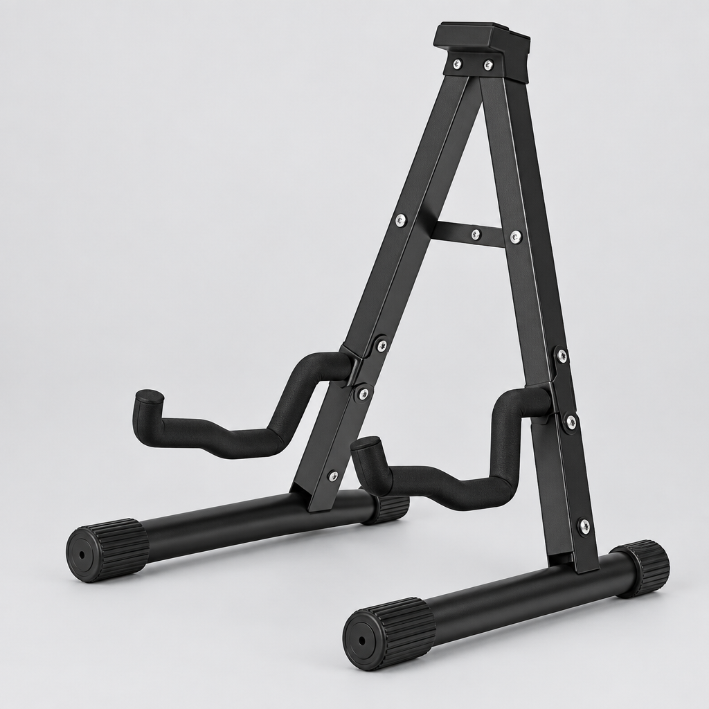 Unbranded J-40B A-frame guitar stand shown from a three-quarter angle with padded contact arms, foldable frame, and rubber feet