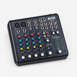 Angled view of the Alto Professional TrueMix 600 six-channel analog mixer showing its compact chassis and channel controls.