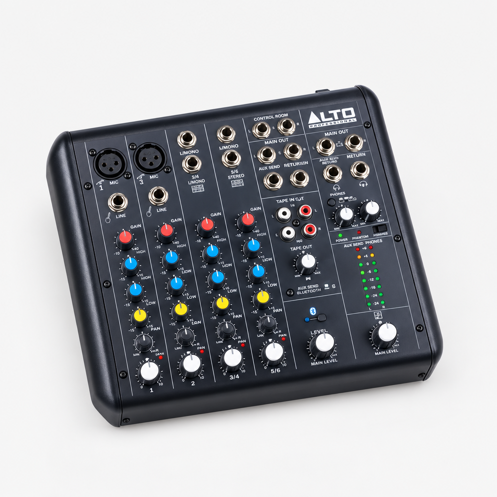Angled view of the Alto Professional TrueMix 600 six-channel analog mixer showing its compact chassis and channel controls.