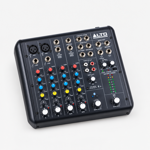 Angled view of the Alto Professional TrueMix 600 six-channel analog mixer showing its compact chassis and channel controls.