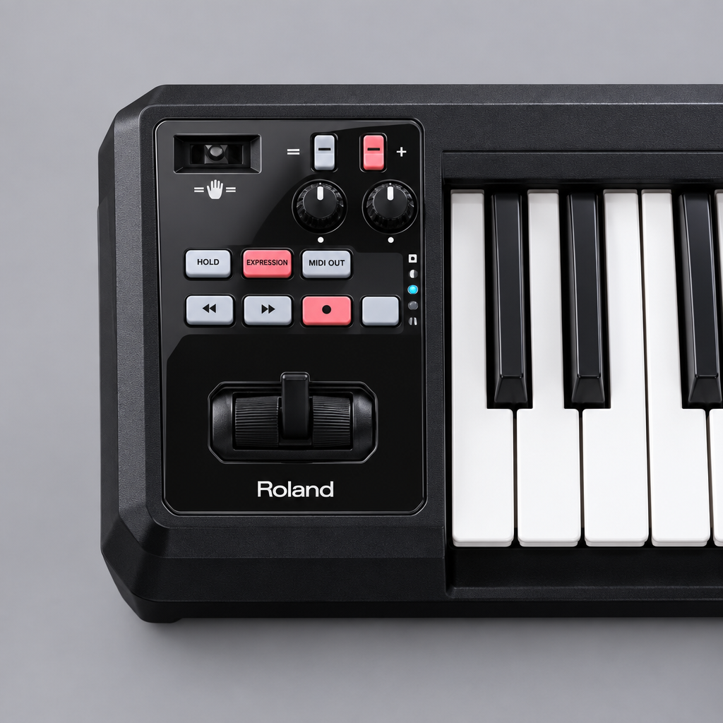 Close-up of the Roland A-49 BK control area with D-BEAM, knobs, switches, buttons, and pitch/modulation controller.