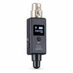 UHF wireless XLR audio adapter, front view showing the display, SET control, silver XLR connector, and black body
