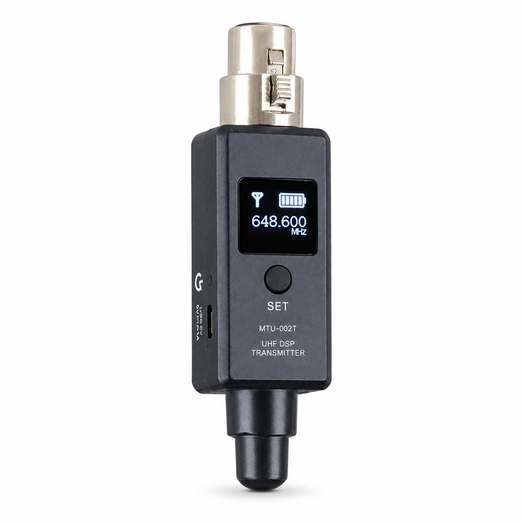 UHF wireless XLR audio adapter, front view showing the display, SET control, silver XLR connector, and black body