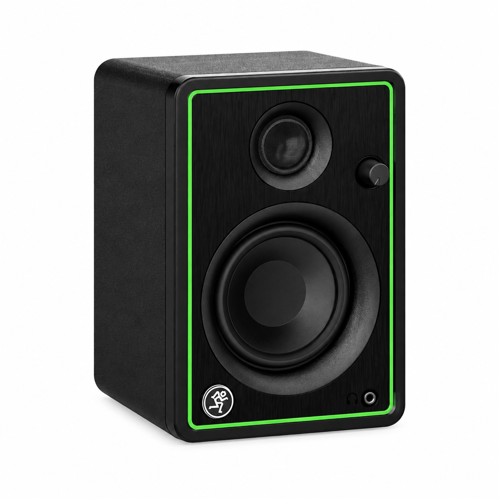 Close-up of a Mackie studio monitor included in the Content Creator Bundle.