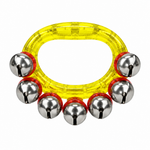 Yellow handheld sleigh bell with red inner holders, straight front view