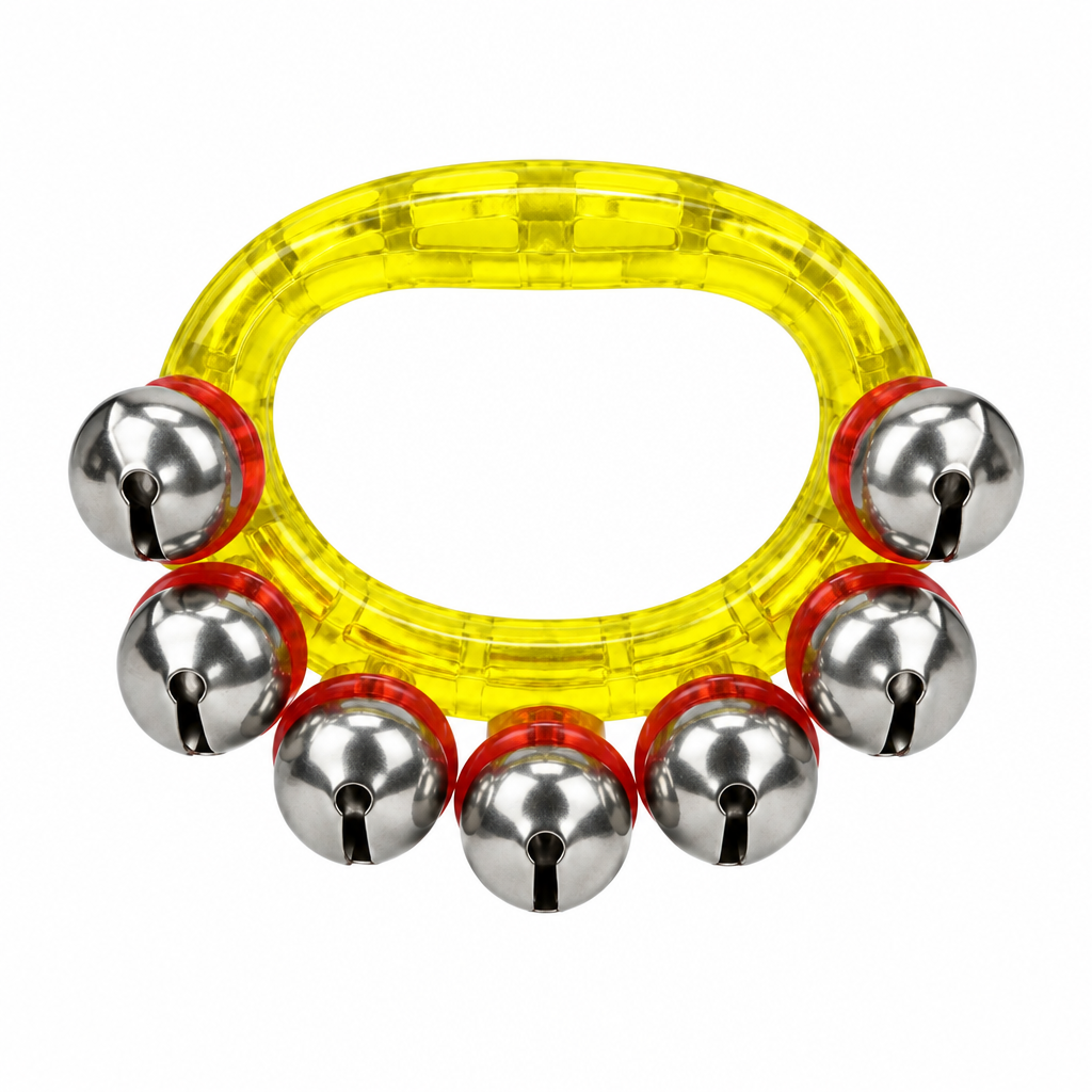Yellow handheld sleigh bell with red inner holders, straight front view