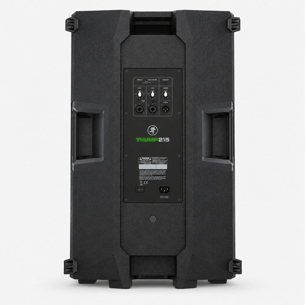 Rear view of the Mackie Thump215 powered loudspeaker showing its control panel and connections.