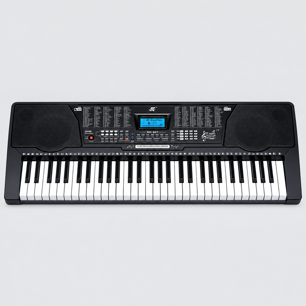 Unbranded MK821 black 61-key portable electronic keyboard shown from the front with speakers, LCD display, and control panel