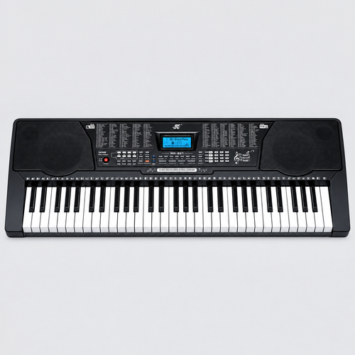 Unbranded MK821 black 61-key portable electronic keyboard shown from the front with speakers, LCD display, and control panel