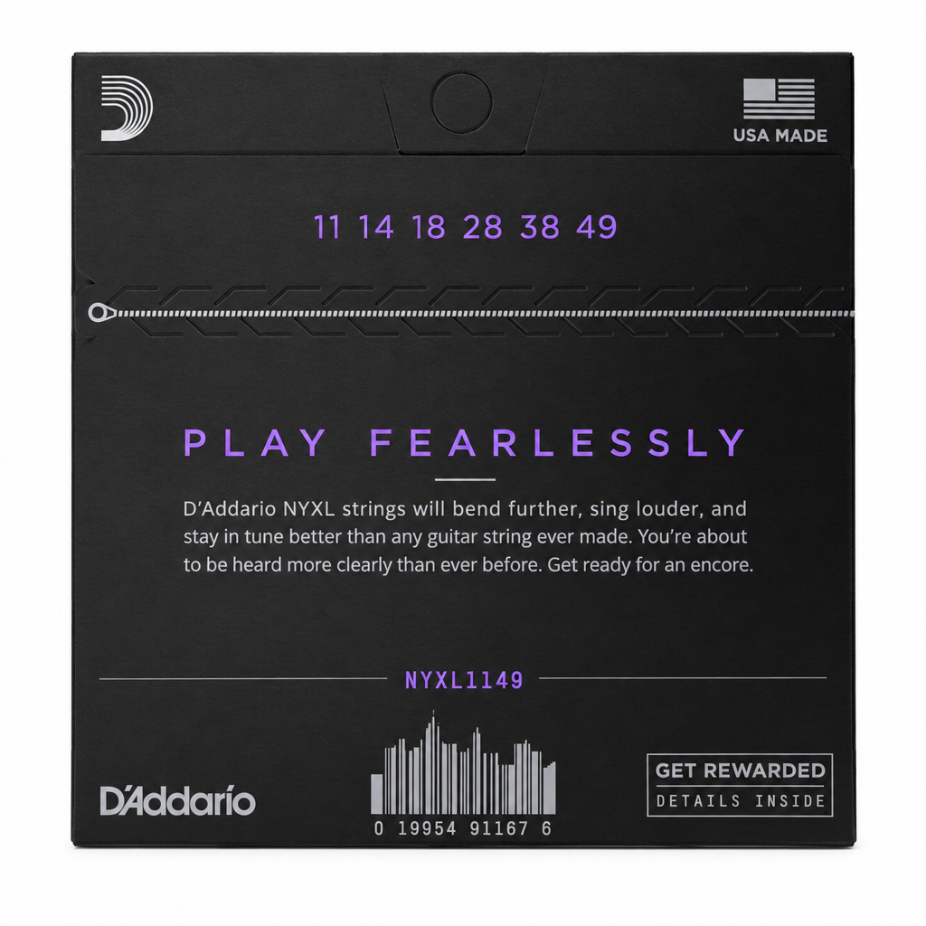 Back view of the D'Addario NYXL1149 11–49 medium-gauge package with its gauge specifications.