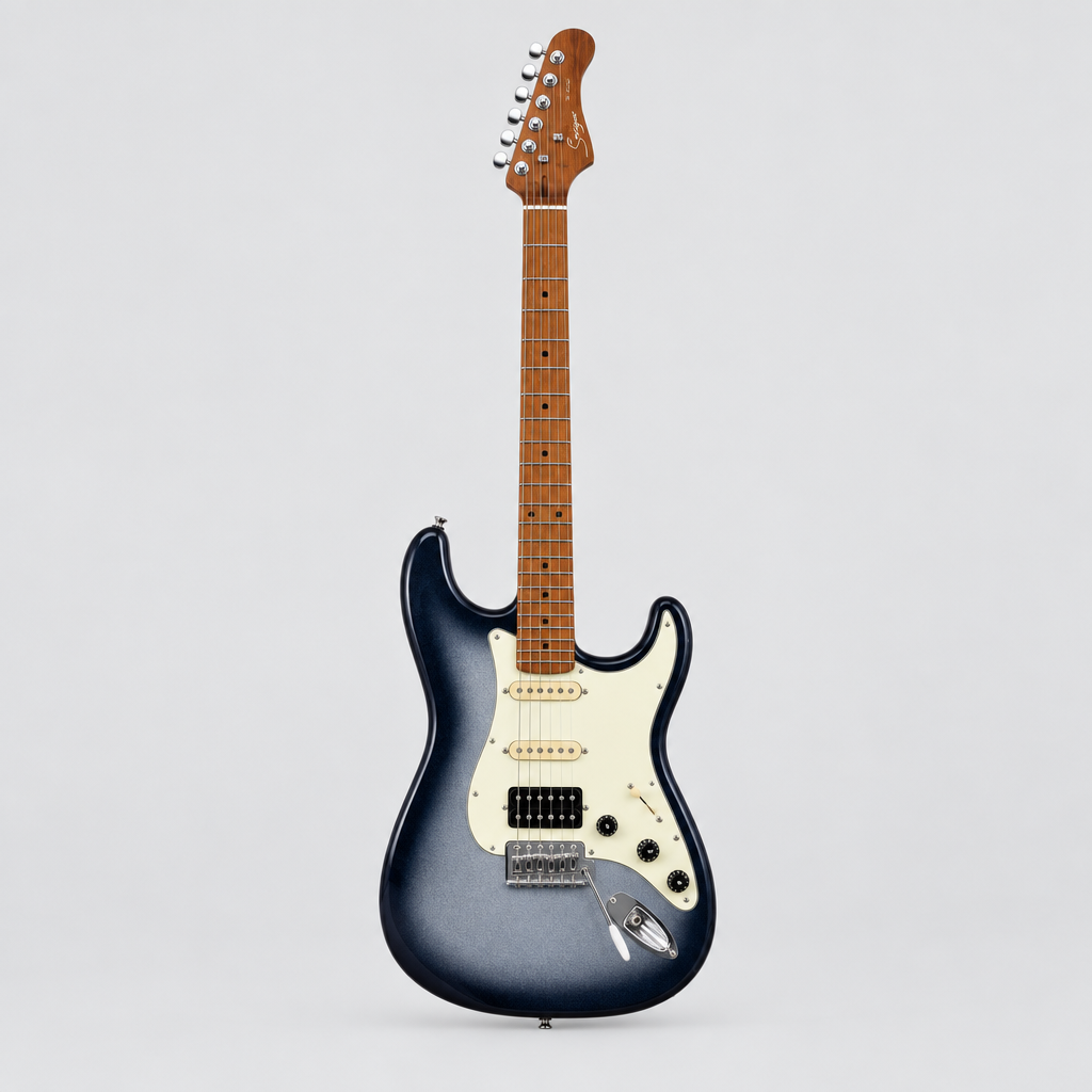 Smiger L-G2-i3 HFBF blue electric guitar shown from the front with HSS pickups, tremolo bridge, control knobs, and chrome hardware