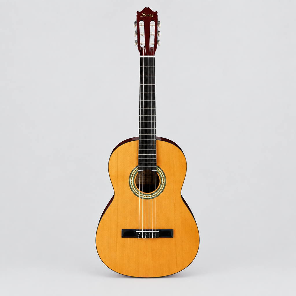 Straight-on full front view of the natural-finish Ibanez GA3-AM classical guitar with spruce top, nylon strings and mosaic rosette.
