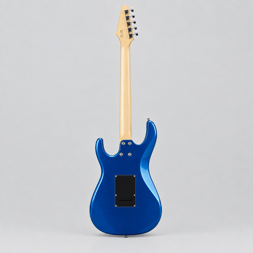 Full rear view of the glossy metallic-blue Unistar L-G3 electric guitar with the reverse headstock and six tuning machines.
