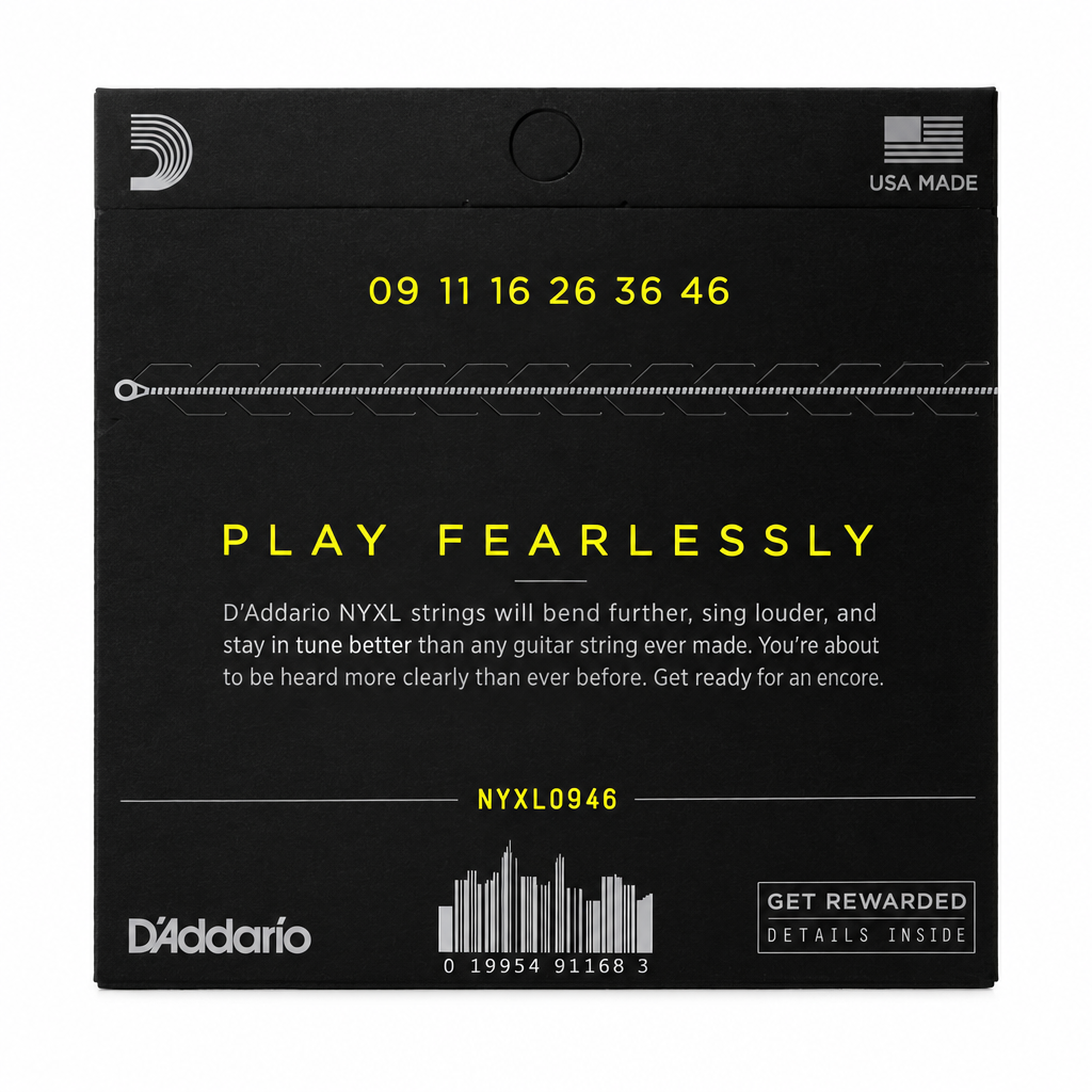 Back view of the D'Addario NYXL0946 package showing the six string gauge markings, 09–46.