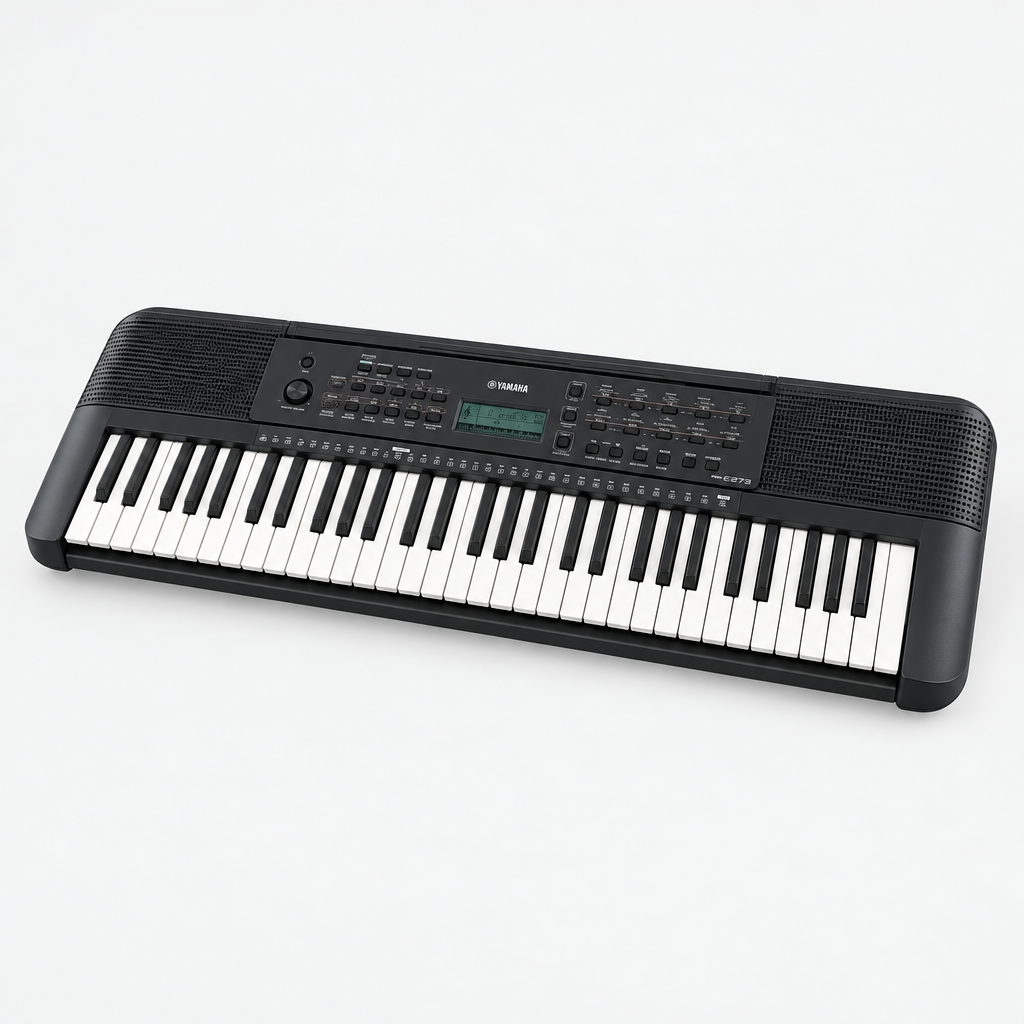 Front three-quarter view of the Yamaha PSR-E273 61-key portable keyboard showing its keys, speakers and top control panel.