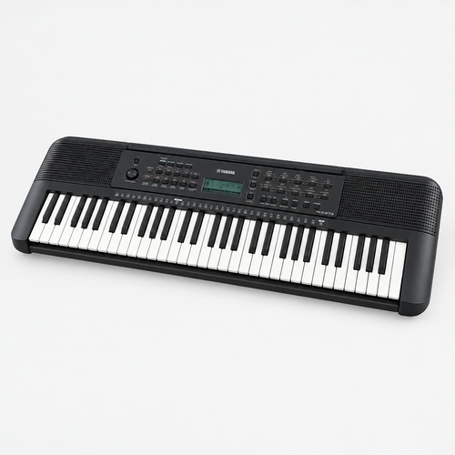 Front three-quarter view of the Yamaha PSR-E273 61-key portable keyboard showing its keys, speakers and top control panel.