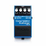 Boss CS-3 Compression Sustainer guitar pedal shown from the front with blue housing, four control knobs, Compression Sustainer CS-3 text, Boss logo, and footswitch on a white background