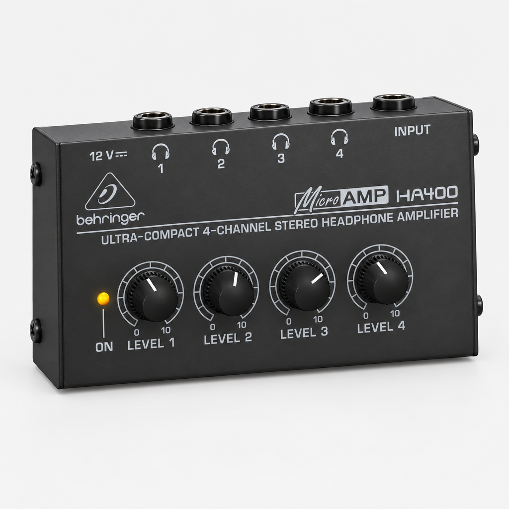 Angled view of the Behringer MicroAMP HA400 compact headphone amplifier with four output level controls.