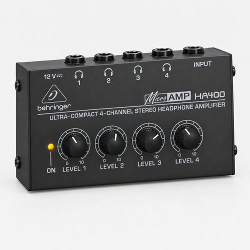 Angled view of the Behringer MicroAMP HA400 compact headphone amplifier with four output level controls.