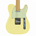 Straight close-up of the Luxar S-G17-PRO pale yellow electric guitar preserving its original pickups, bridge, strings, control plate, finish, and visible hardware