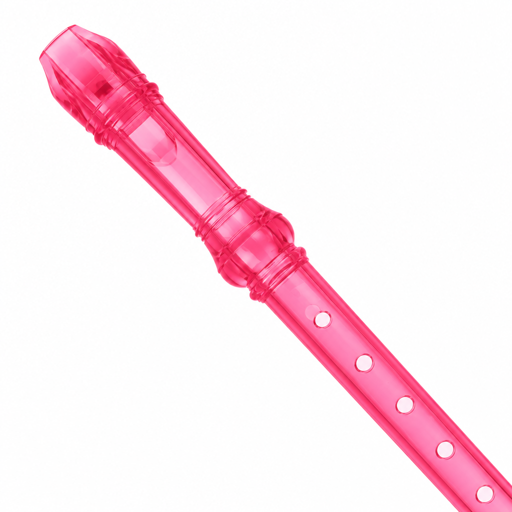 Close-up of a pink Chinese soprano recorder mouthpiece and finger holes without branding