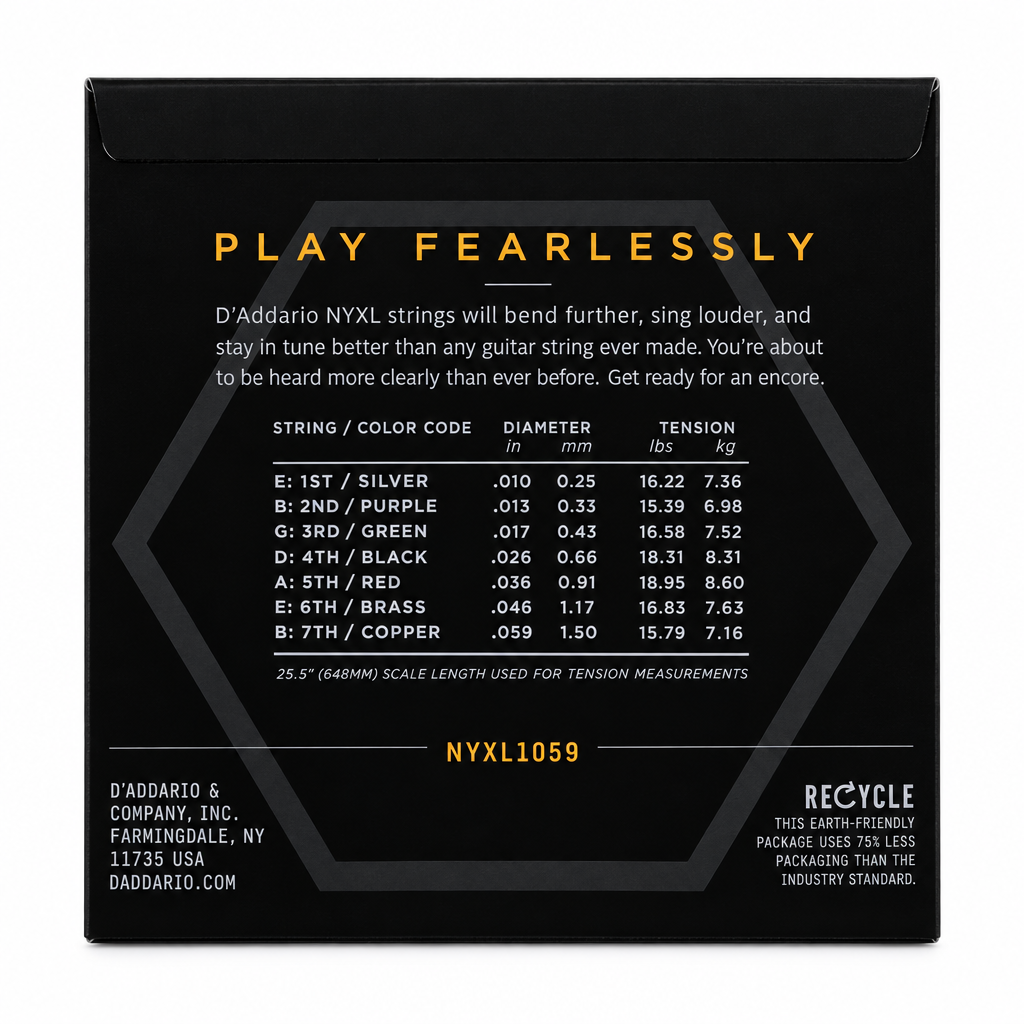 Back view of the D'Addario NYXL1059 package showing the seven string gauges and 25.5-inch scale details.