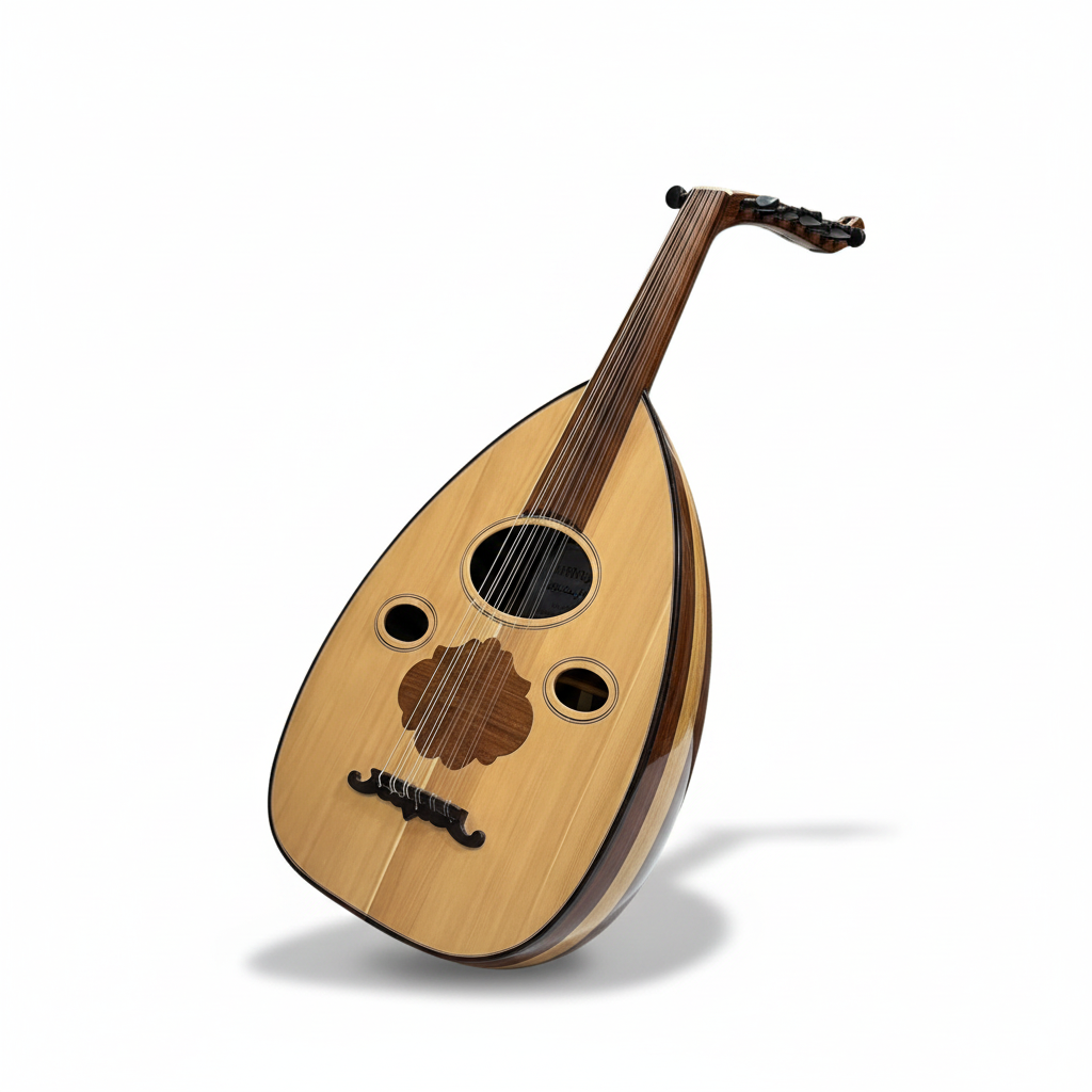 EGY PRO Egyptian oud shown diagonally with its full pear-shaped body, rosettes, strings, bridge, and tuning pegs on a white background
