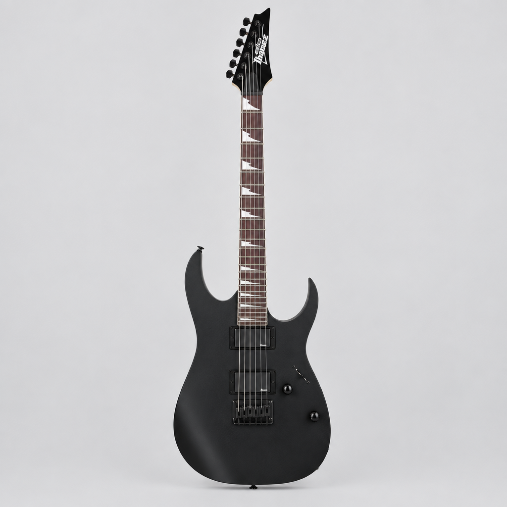 Straight-on full front view of the Ibanez GRG121DX GIO electric guitar in Black Flat.