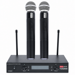 Close-up of the Tovaste TUH20HH two handheld microphones and receiver controls