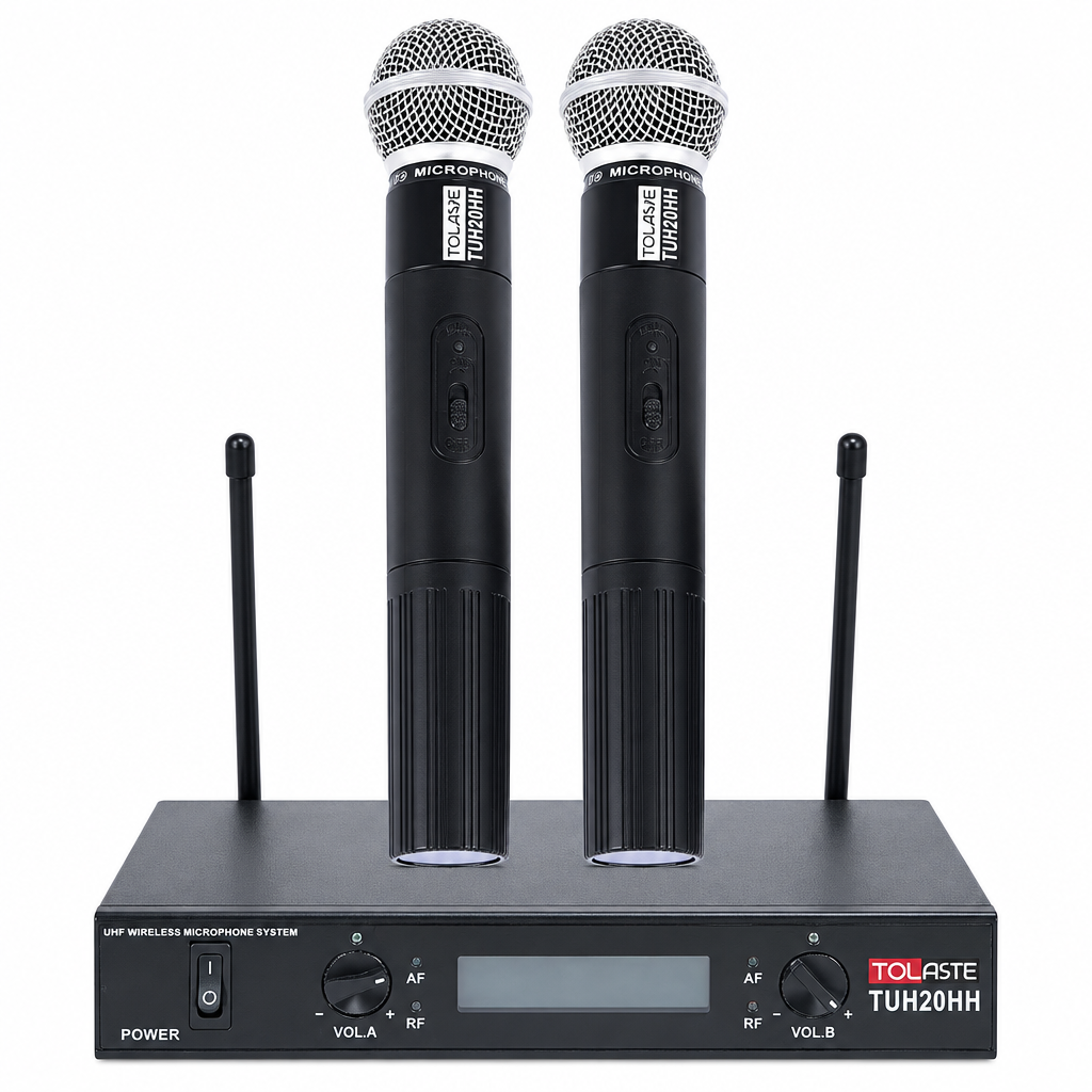 Close-up of the Tovaste TUH20HH two handheld microphones and receiver controls