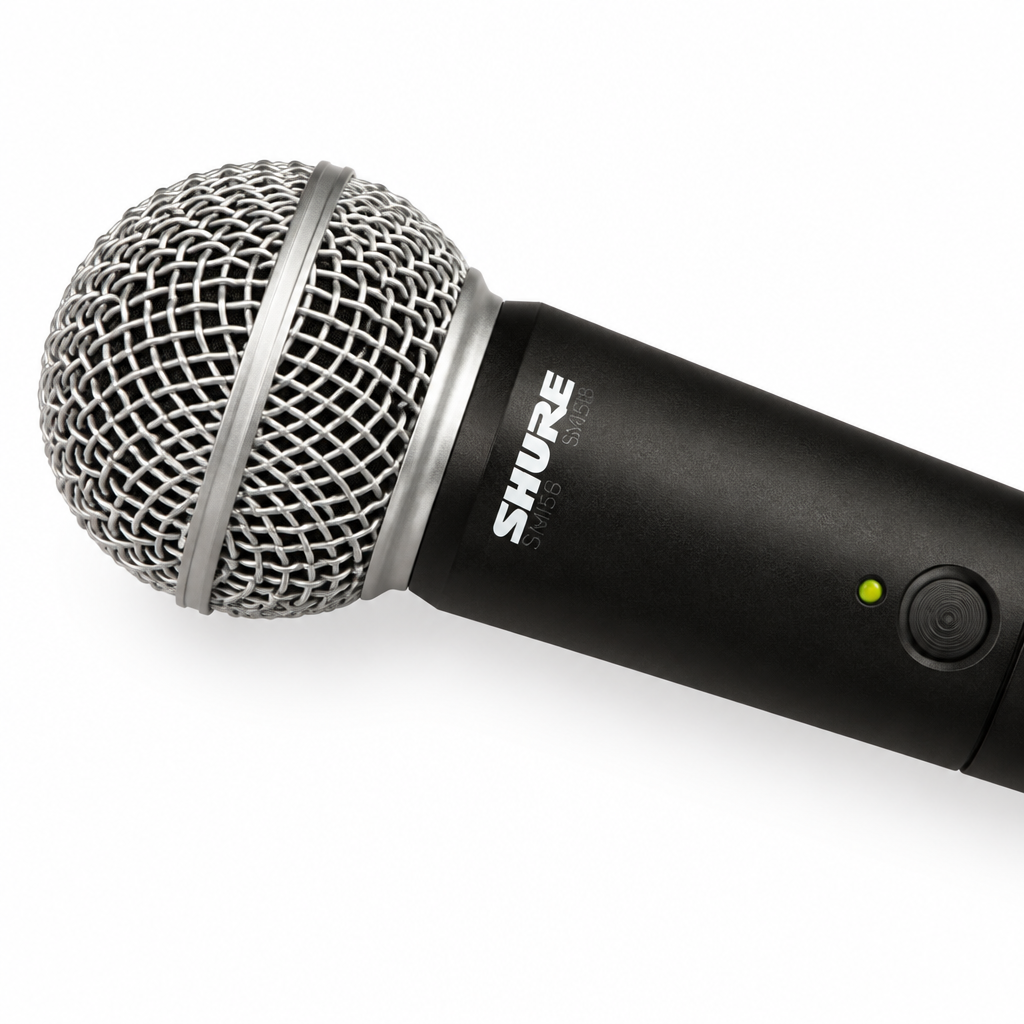 Close-up of the Shure SM58 microphone grille and handheld transmitter controls