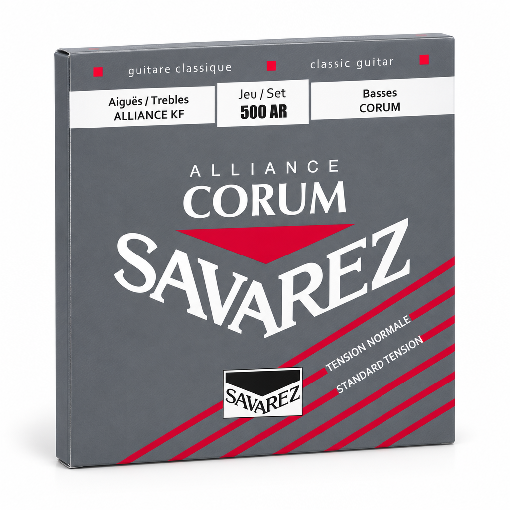 Savarez Alliance Corum 500AR normal tension classical guitar strings package, angled view