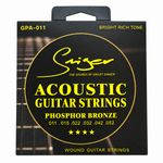 Close-up of the Smiger GPA-011 phosphor bronze acoustic guitar strings package showing the original .011-.052 gauge and package specifications