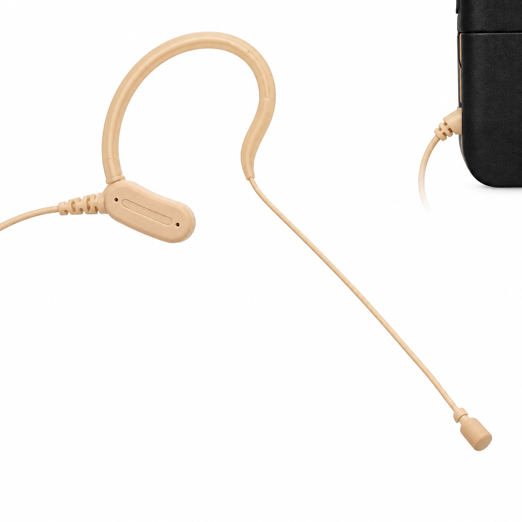 Close-up of the beige SM31FH fitness headset microphone boom, frame, and cable