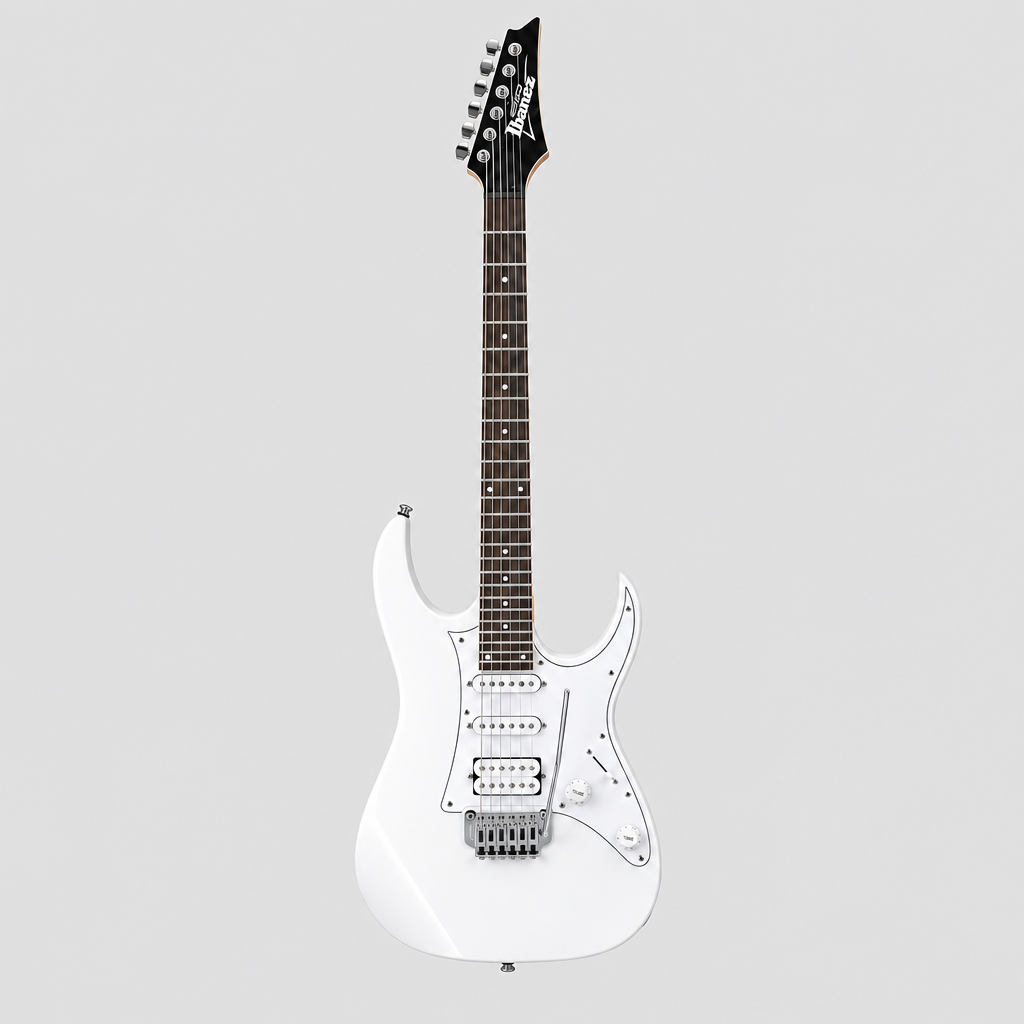 Straight-on full front view of the Ibanez GRG140-WH white electric guitar against a light gray background.