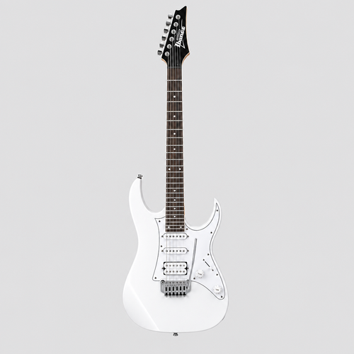 Straight-on full front view of the Ibanez GRG140-WH white electric guitar against a light gray background.
