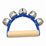 Five-bell handheld sleigh bell with the original blue frame and light wooden handle, compact rear view