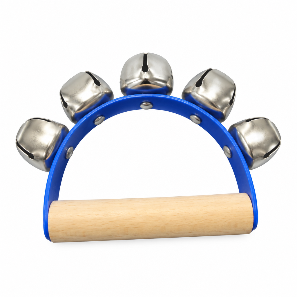 Five-bell handheld sleigh bell with the original blue frame and light wooden handle, compact rear view