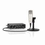 Behringer U-Phoria Studio PRO recording bundle shown from the front with UMC202HD interface, C-1 condenser microphone, desktop stand, and visible cable on a white background