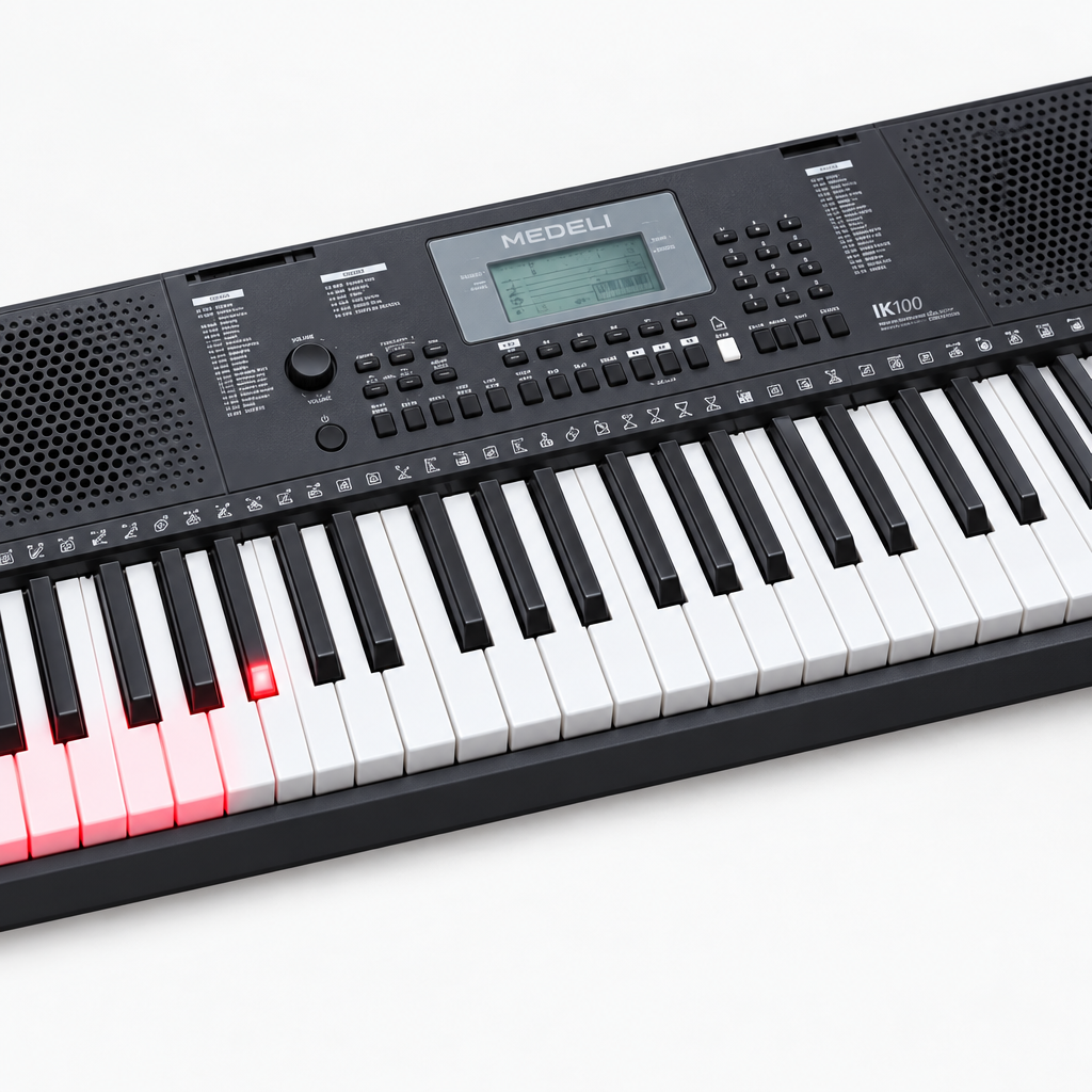 Close-up of the Medeli IK100 illuminated keys and LCD control panel.
