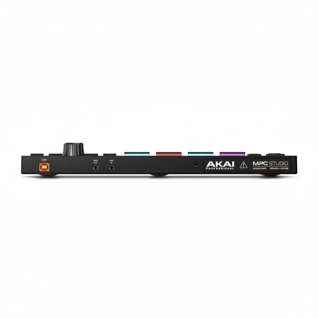 Akai Professional MPC Studio music production controller shown from the side with its visible USB and audio connections and MPC Studio branding on a white background