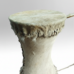 One unbranded African tribal hand drum shown in close detail with its drumhead, rim, textured body, decorative stitching, and hanging cords