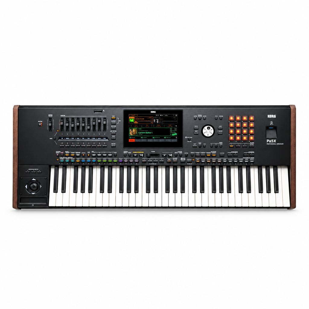 Front view of the Korg Pa5X-61 61-key professional arranger keyboard.