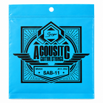 Close-up of the Smiger SAB-11 brass acoustic guitar strings package showing the original .011-.052 gauge and package specifications