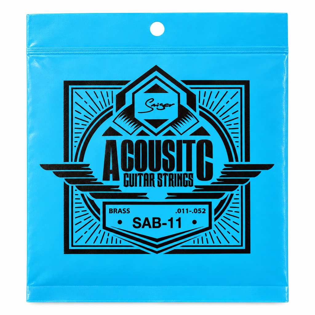 Close-up of the Smiger SAB-11 brass acoustic guitar strings package showing the original .011-.052 gauge and package specifications