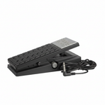 Roland EV-5 expression pedal shown from the side with treadle travel, compact body, minimum volume knob, fixed cable, and TRS connector